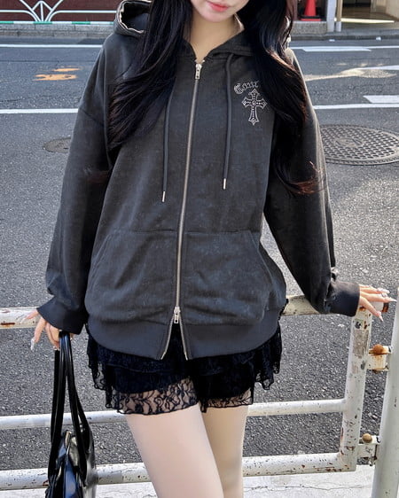 ムラ染めバックラインストーンクロスジップパーカー