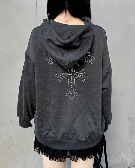 INGNI（イング） ムラ染めバックラインストーンクロスジップパーカー ﾁｬｺｰﾙｸﾞﾚｰ