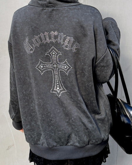 INGNI（イング） ムラ染めバックラインストーンクロスジップパーカー ﾁｬｺｰﾙｸﾞﾚｰ