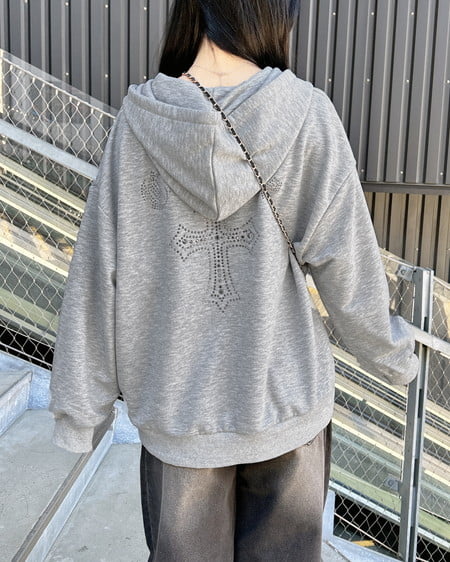 INGNI(イング) ムラ染めバックラインストーンクロスジップパーカー グレー