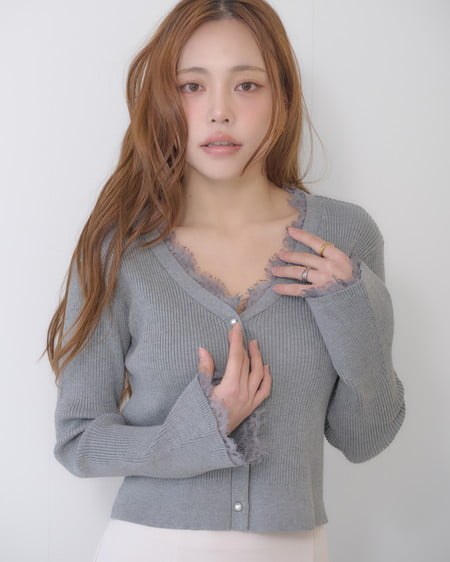 INGNI（イング） レースリブニットカーディガン ｸﾞﾚｰ