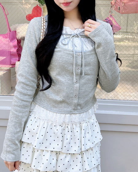 レースレイヤード風リボン付きリブトップス