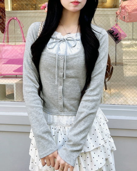 INGNI（イング） レースレイヤード風リボン付きリブトップス ｸﾞﾚｰ/ｵﾌﾎﾜｲﾄ