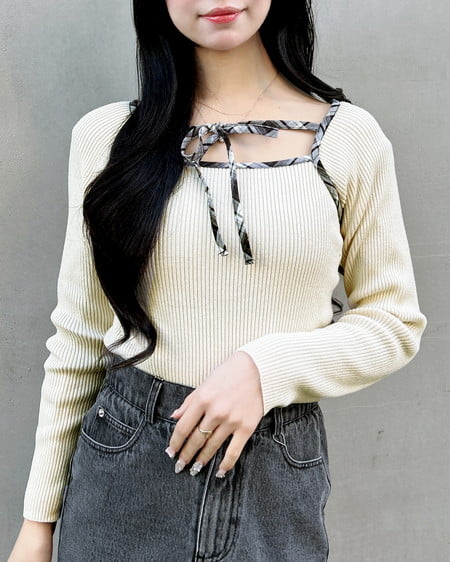 INGNI(イング) チェック柄配色デコルテリボンニット オフホワイト/クロチェック