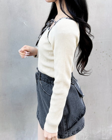 INGNI(イング) チェック柄配色デコルテリボンニット オフホワイト/クロチェック