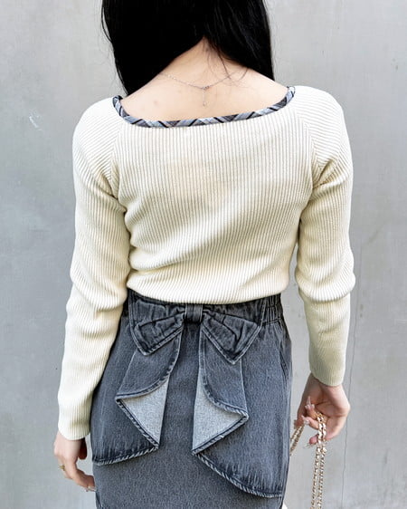 INGNI(イング) チェック柄配色デコルテリボンニット オフホワイト/クロチェック