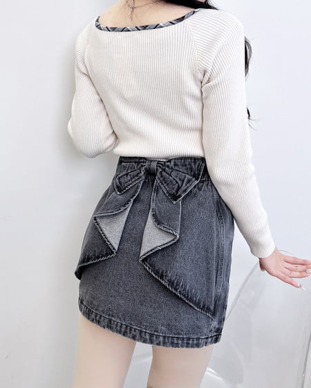 INGNI(イング) チェック柄配色デコルテリボンニット オフホワイト/クロチェック