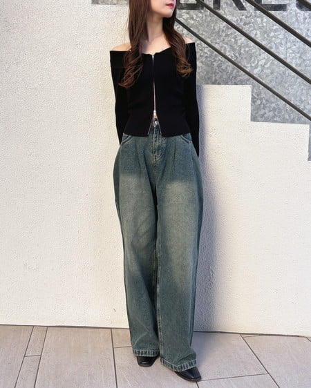 INGNI(イング) 襟付オフショルニットカーディガン クロ