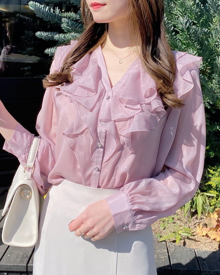 装飾ボタンフリルシアーブラウス