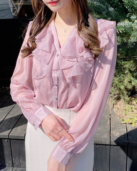 INGNI（イング） 装飾ボタンフリルシアーブラウス ﾋﾟﾝｸ