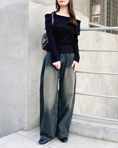 INGNI（イング） 両肩リボンスリットニット ｸﾛ