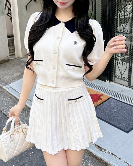 INGNI（イング） 配色胸刺繍襟付ニットカーディガン＋ニットミニスカパン／セット ｵﾌﾎﾜｲﾄ/ｺﾝ