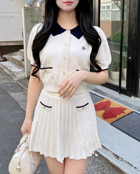 INGNI（イング） 配色胸刺繍襟付ニットカーディガン＋ニットミニスカパン／セット ｵﾌﾎﾜｲﾄ/ｺﾝ