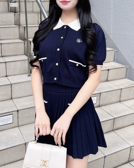 INGNI(イング) 配色胸刺繍襟付ニットカーディガン+ニットミニスカパン/セット コン/オフホワイト