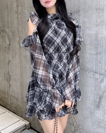 INGNI（イング） 2Wayリボン肩あきフリルミニワンピース ｸﾛ/ﾁｪｯｸ