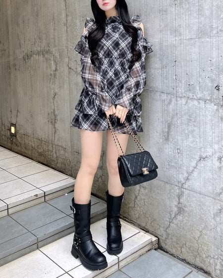 INGNI（イング） 2Wayリボン肩あきフリルミニワンピース ｸﾛ/ﾁｪｯｸ