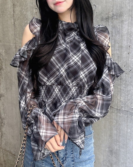 2Wayリボンアソート柄肩あきフリルブラウス