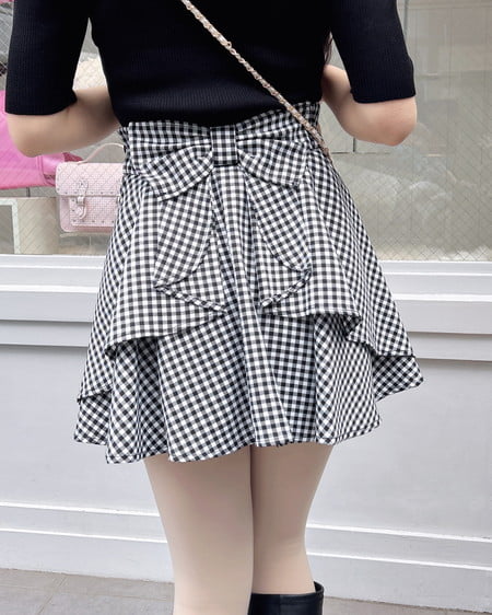 INGNI(イング) バックリボンチェック柄フレアスカパン クロ/ギンガム