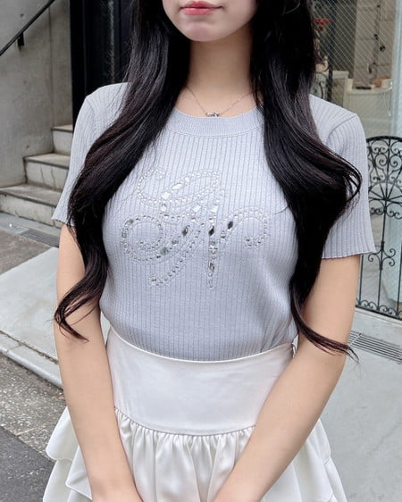 INGNI(イング) イニシャルビジューロゴ半袖リブニット サックス