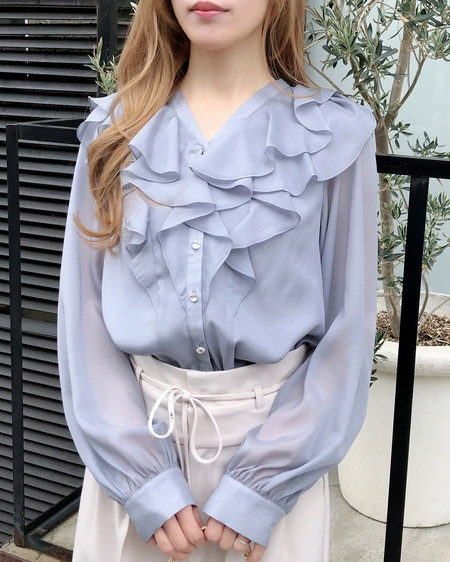 INGNI（イング） 装飾ボタンフリルシアーブラウス ﾌﾞﾙｰｸﾞﾚｰ