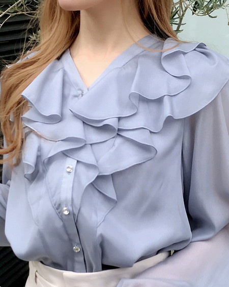 INGNI（イング） 装飾ボタンフリルシアーブラウス ﾌﾞﾙｰｸﾞﾚｰ
