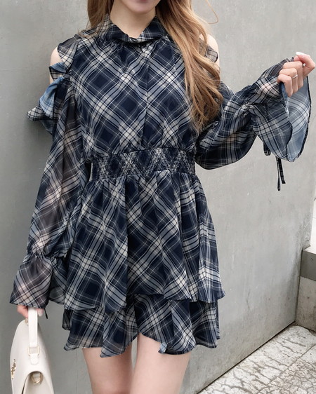 INGNI（イング） 2Wayリボン肩あきフリルミニワンピース ｺﾝ/ﾁｪｯｸ