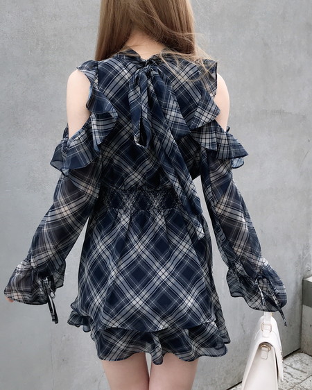 INGNI（イング） 2Wayリボン肩あきフリルミニワンピース ｺﾝ/ﾁｪｯｸ