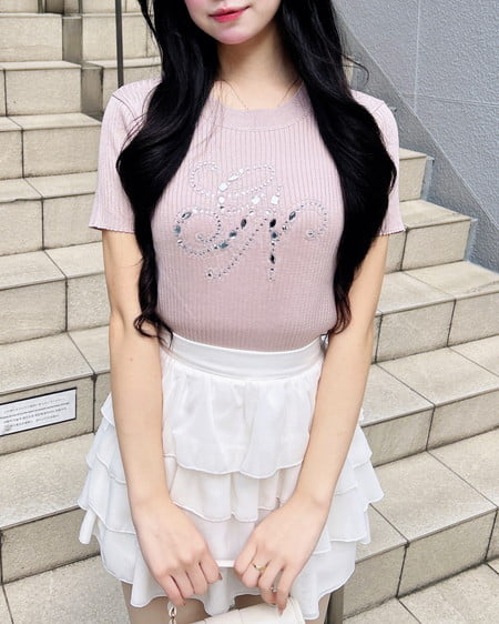 INGNI(イング) イニシャルビジューロゴ半袖リブニット ピンク