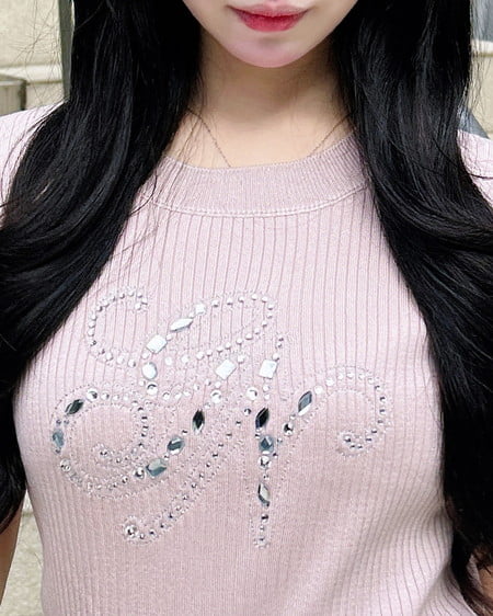 INGNI(イング) イニシャルビジューロゴ半袖リブニット ピンク