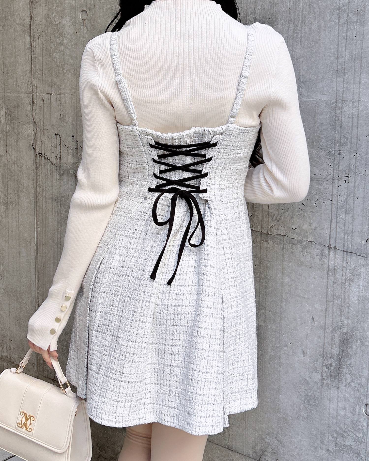 バックレースアップツイードミニキャミワンピース