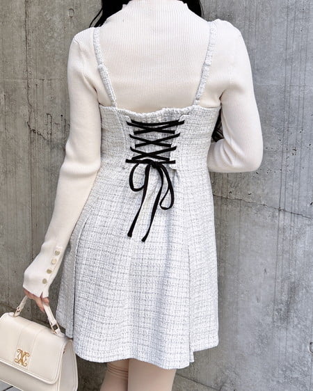 バックレースアップツイードミニキャミワンピース
