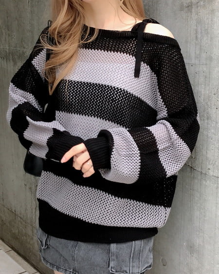 メッシュボーダーチュニックニット