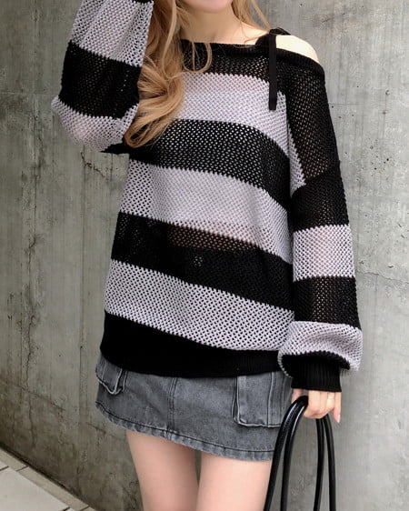 INGNI（イング） メッシュボーダーチュニックニット ｸﾛ/ｸﾞﾚｰ