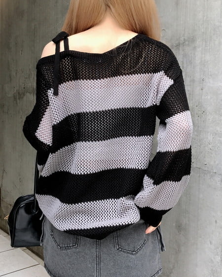 INGNI（イング） メッシュボーダーチュニックニット ｸﾛ/ｸﾞﾚｰ