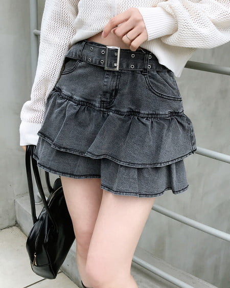 ベルト付デニムフリルミニスカパン