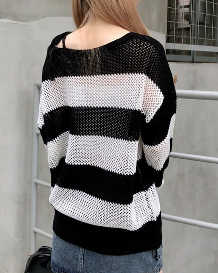 INGNI（イング） メッシュボーダーチュニックニット ｸﾛ/ｵﾌﾎﾜｲﾄ