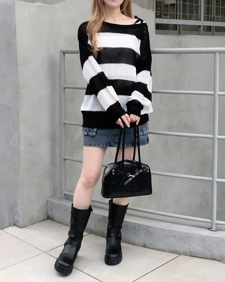 INGNI（イング） メッシュボーダーチュニックニット ｸﾛ/ｵﾌﾎﾜｲﾄ