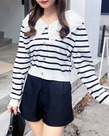 INGNI（イング） レースフリル襟ニットカーディガン ｵﾌｸﾛ/ﾎﾞｰﾀﾞｰ