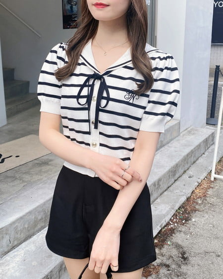 INGNI（イング） セーラーカラー配色ニットカーディガン ｵﾌｸﾛ/ﾎﾞｰﾀﾞｰ