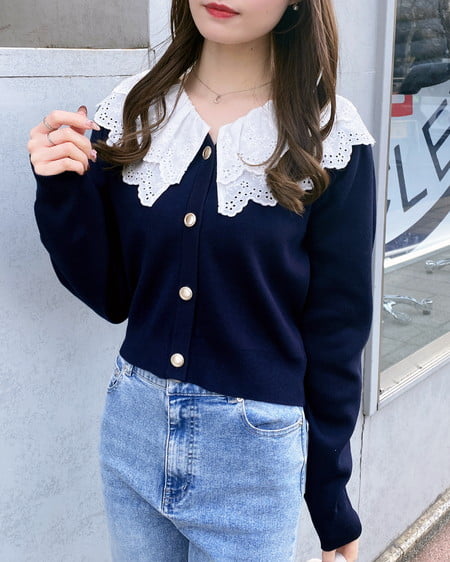 レースフリル襟ニットカーディガン