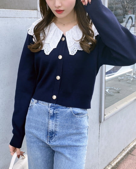 INGNI（イング） レースフリル襟ニットカーディガン ｺﾝ