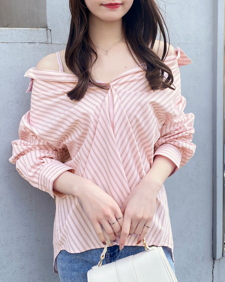 INGNI（イング） 2Wayオフショルストライプ柄シャツ ﾋﾟﾝｸ/ｽﾄﾗｲﾌﾟ