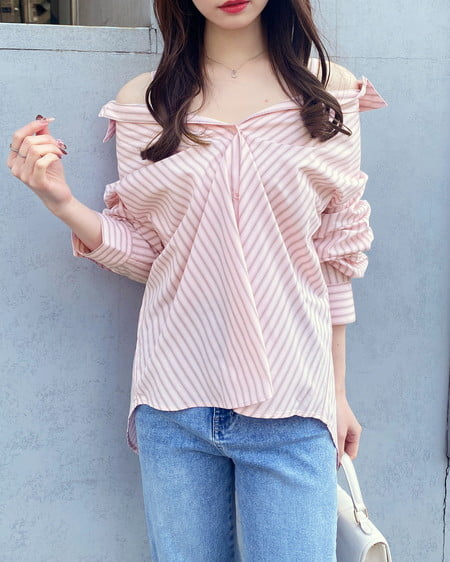 INGNI（イング） 2Wayオフショルストライプ柄シャツ ﾋﾟﾝｸ/ｽﾄﾗｲﾌﾟ