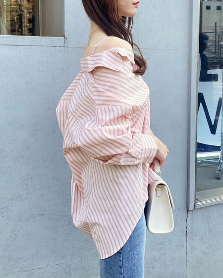 INGNI（イング） 2Wayオフショルストライプ柄シャツ ﾋﾟﾝｸ/ｽﾄﾗｲﾌﾟ