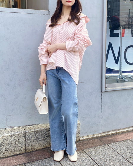 INGNI（イング） 2Wayオフショルストライプ柄シャツ ﾋﾟﾝｸ/ｽﾄﾗｲﾌﾟ