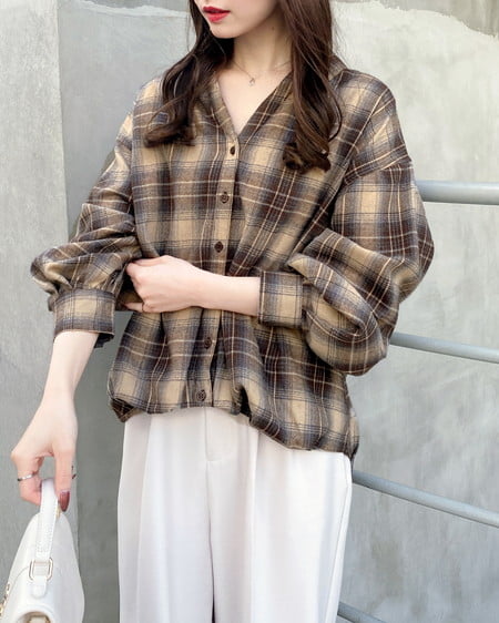 INGNI（イング） バックレースアップチェック柄裾タックシャツ ﾍﾞｰｼﾞｭ/ﾁｪｯｸ