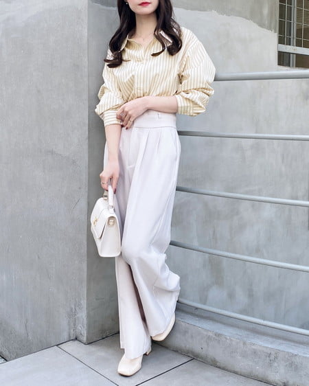 INGNI（イング） 2Wayオフショルストライプ柄シャツ ﾍﾞｰｼﾞｭ/ｽﾄﾗｲﾌﾟ