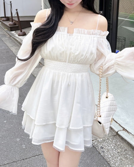 チュールオフショルミニワンピース