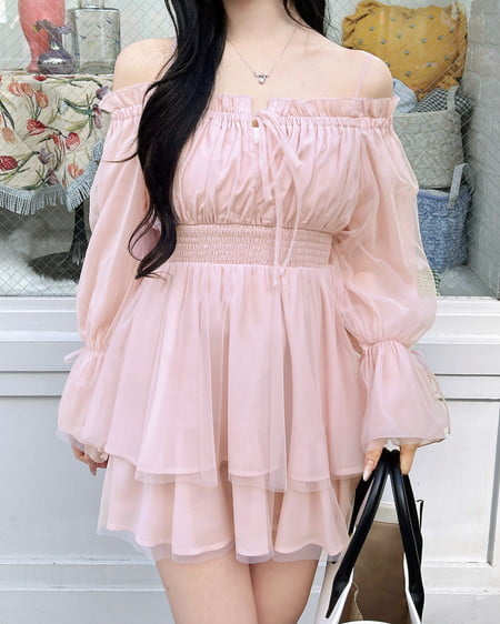 チュールオフショルミニワンピース