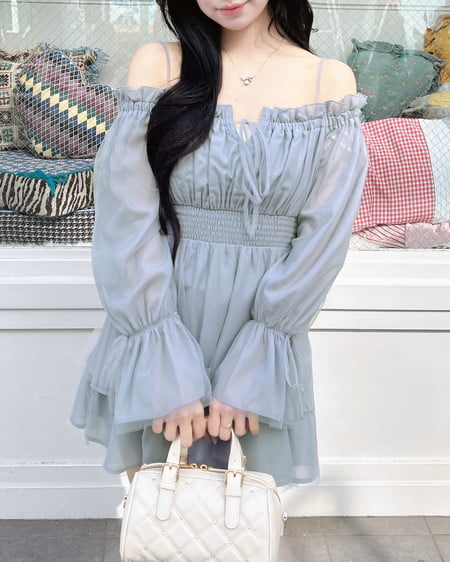 INGNI（イング） チュールオフショルミニワンピース ﾌﾞﾙｰｸﾞﾚｰ